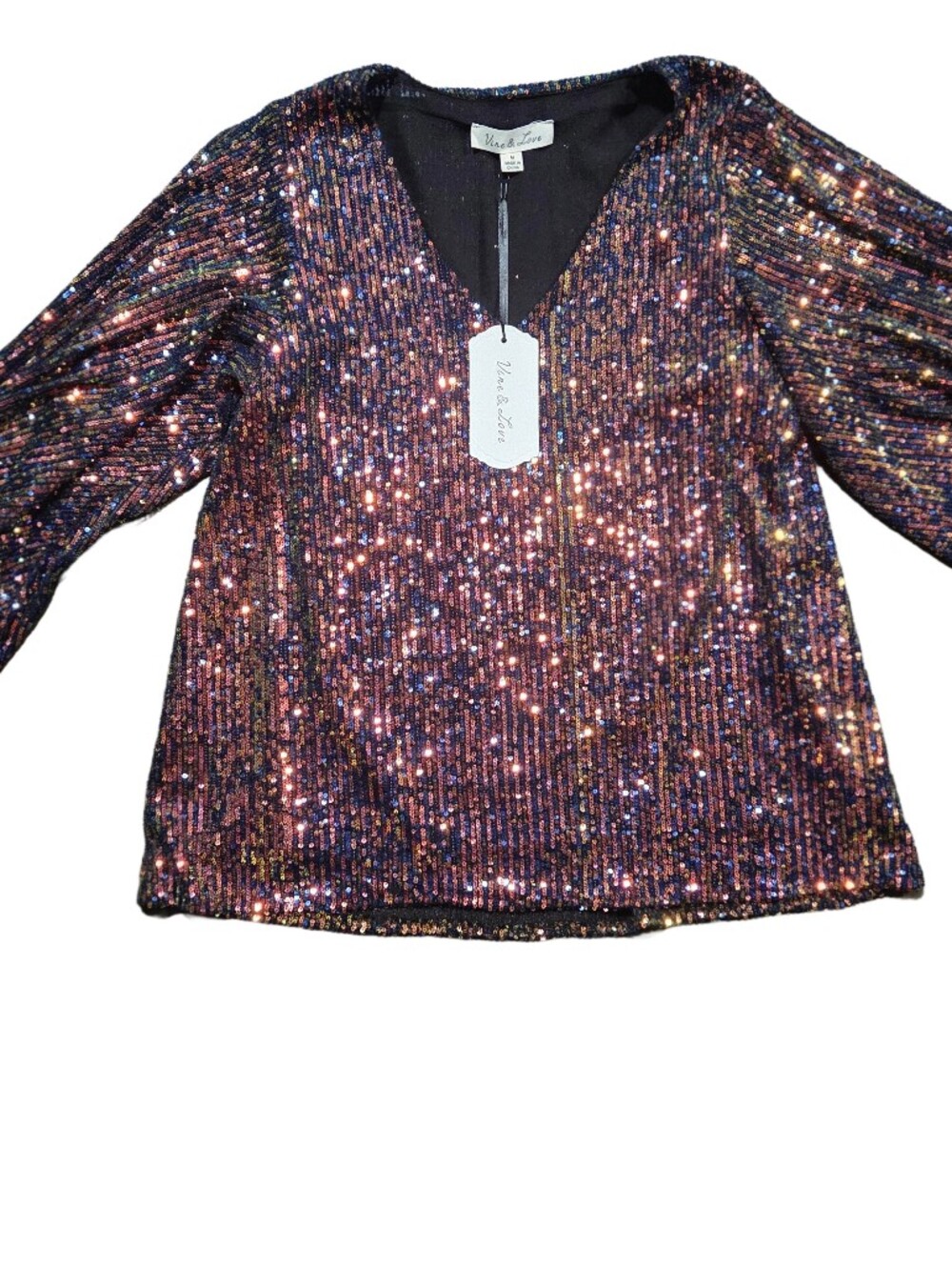 NWT Multicolor Sequin V-Neck Blouse Balloon Sleeve Party Top - Size Medium